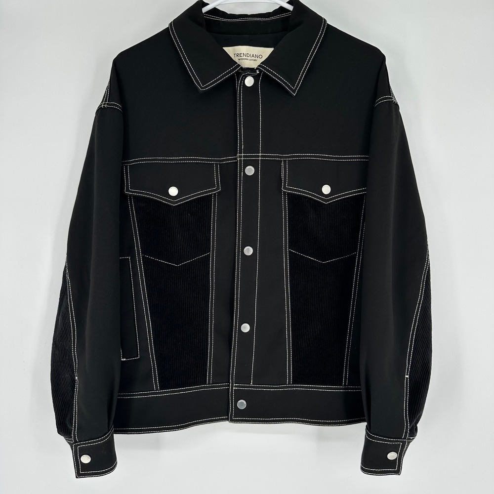 Trendiano Modern Luxury Black Contrast Stitch Corduroy Trucker Jacket 3WC4092330